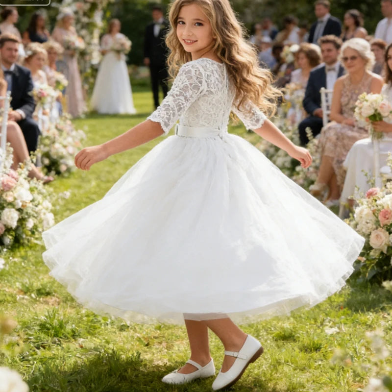 Teenager Girls White Bridesmaid Dresses Wedding Birthday Party Ball Gown Flower Girls First Communion Costume 3 to 14 Years