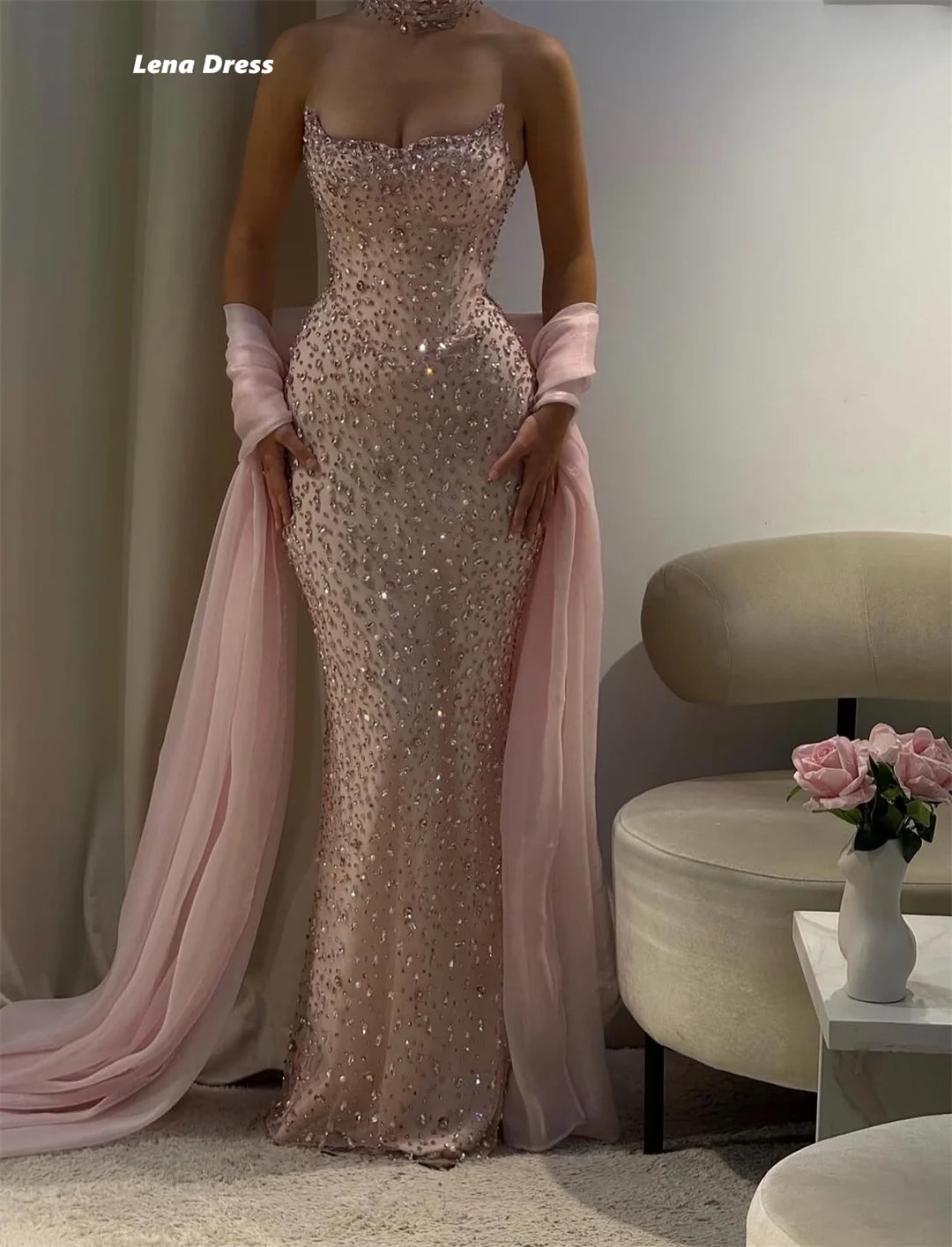 Lena Customized Woman Party Dresses for Special Occasions Rhinestones Elegant Long Dress Pink Shiny Prom Gown Fish Tail Evening