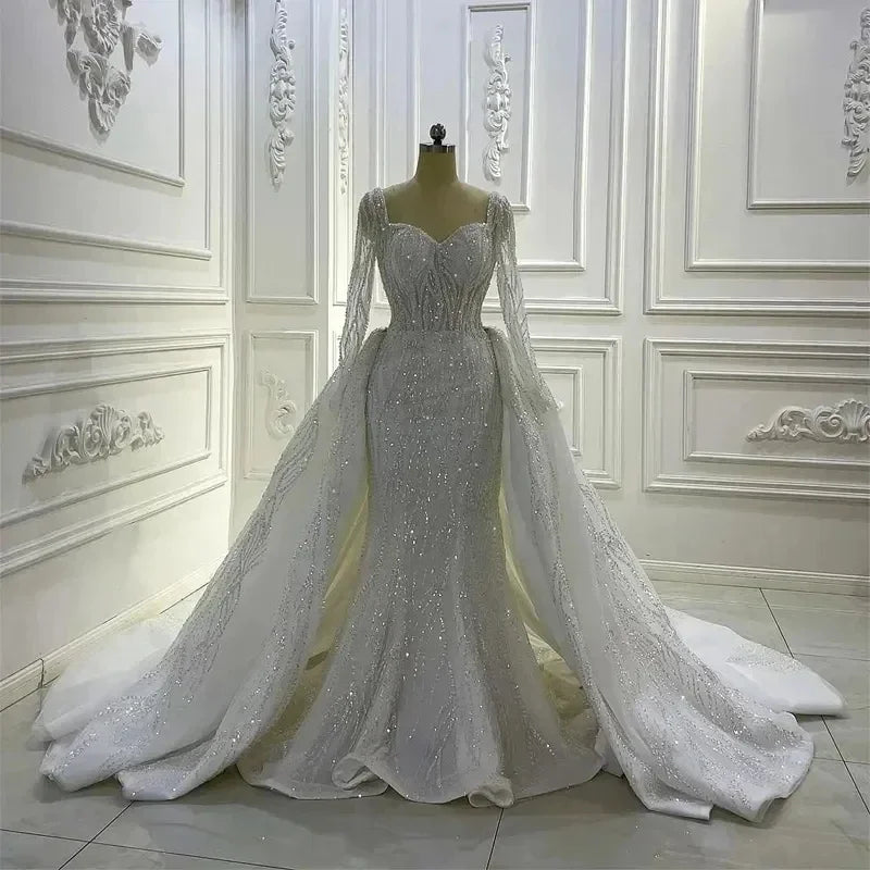 Customzied Luxury Glitter Modern Sweetheart Heavy Bead Rhinestone Mermaid Wedding Dress Overskirt Long Sleeves Bridal Gowns