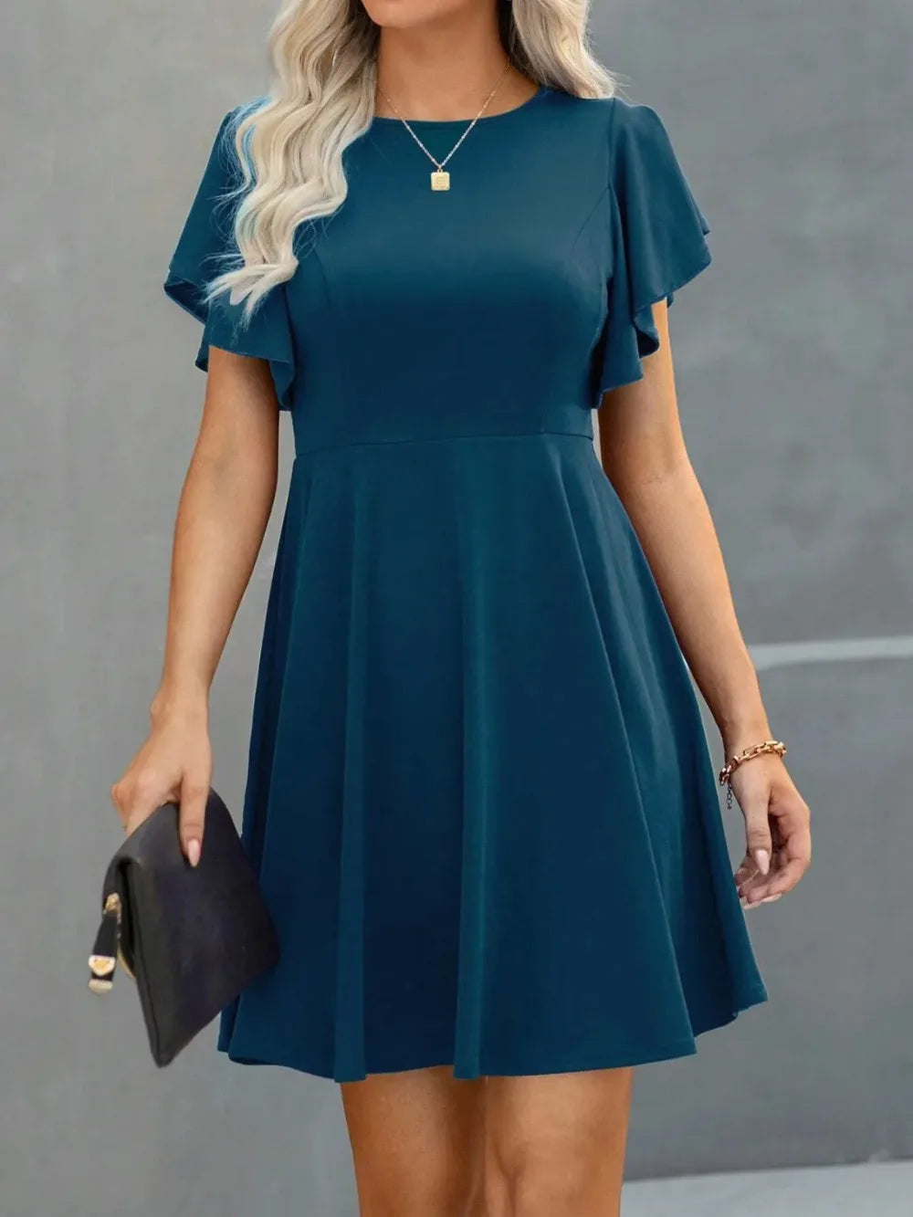Plus Size Elegant Cocktail Women's Party Dresses Spring Summer Floral Ruffle Sleeve Crew Neck High Waist Flowy A Line Mini Dress
