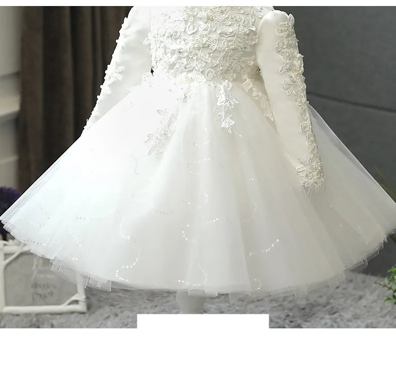 Baby Girl Wedding Dress Long Sleeve Newborn Girls Christmas Princess Gowns Beads Lace Infant Kids 1 Year Birthday Baptism Dress