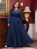 Mgiacy plus size  Round neck see-through sequin embroidery patchwork lantern long sleeve chiffon full skirt Evening gown