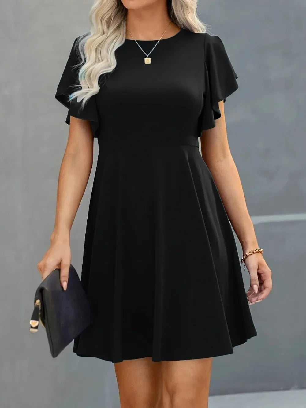 Plus Size Elegant Cocktail Women's Party Dresses Spring Summer Floral Ruffle Sleeve Crew Neck High Waist Flowy A Line Mini Dress