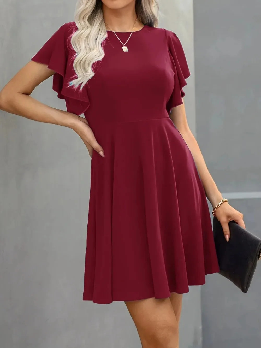 Plus Size Elegant Cocktail Women's Party Dresses Spring Summer Floral Ruffle Sleeve Crew Neck High Waist Flowy A Line Mini Dress