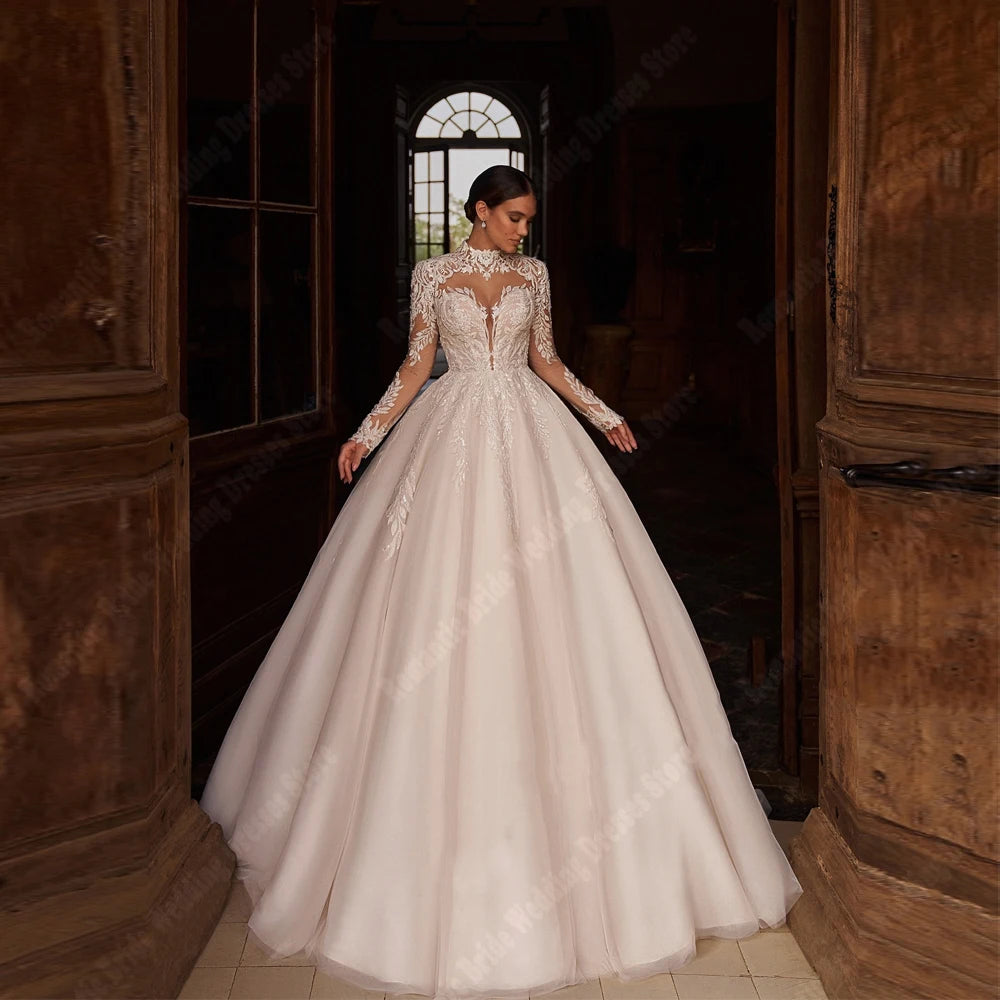 Elegant V-Neck Women Wedding Dresses Lace Long Sleeves Tulle Princess A-Line Bridal Gowns Engagement Banquet Vestidos De Novias