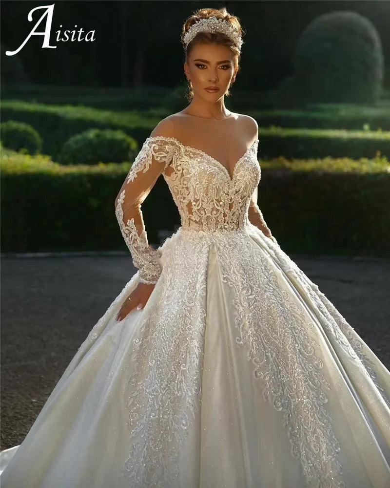 Sweetheart Long Sleeve Princess customized Wedding Dress Ball Gown Bride Dress vestidos de novia Off The Shoulder Bridal Gowns