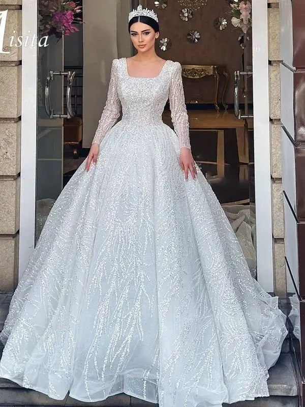 Wedding Dress With Embroidery Square Collar Sequins Princess Ball Gown Long Sleeve Backless Lace Up Customized Vestido De Novia