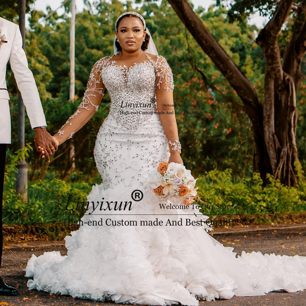 Luxury Crystal Wedding Dresses for Woman Full Sleeves Tulle Pleats Mermaid Bridal Gowns Customized Glitter vestidos de novia