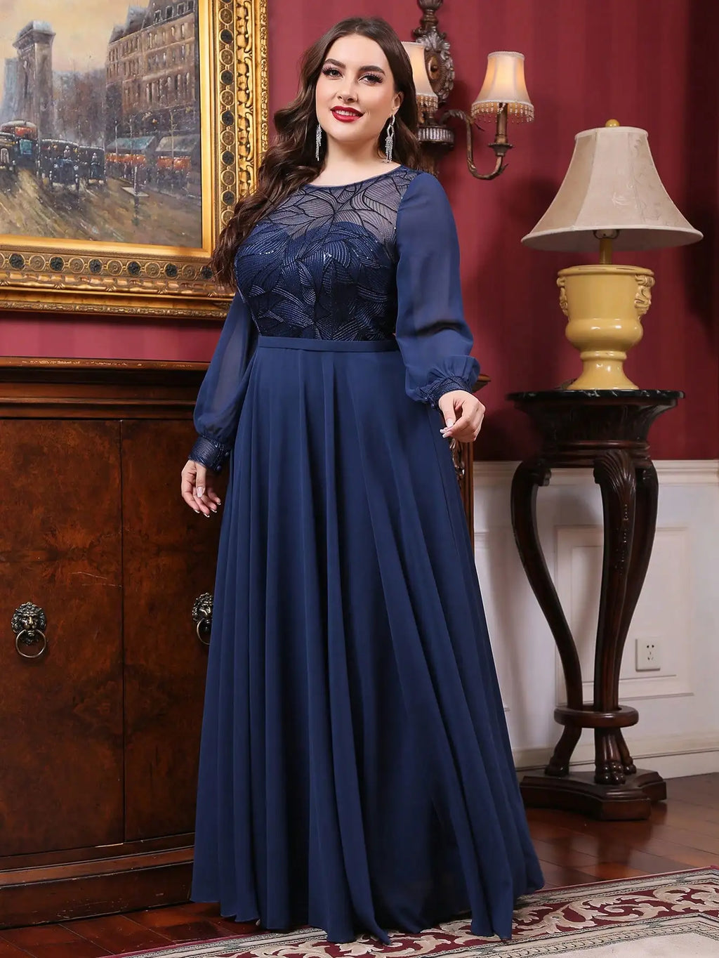 Mgiacy plus size  Round neck see-through sequin embroidery patchwork lantern long sleeve chiffon full skirt Evening gown
