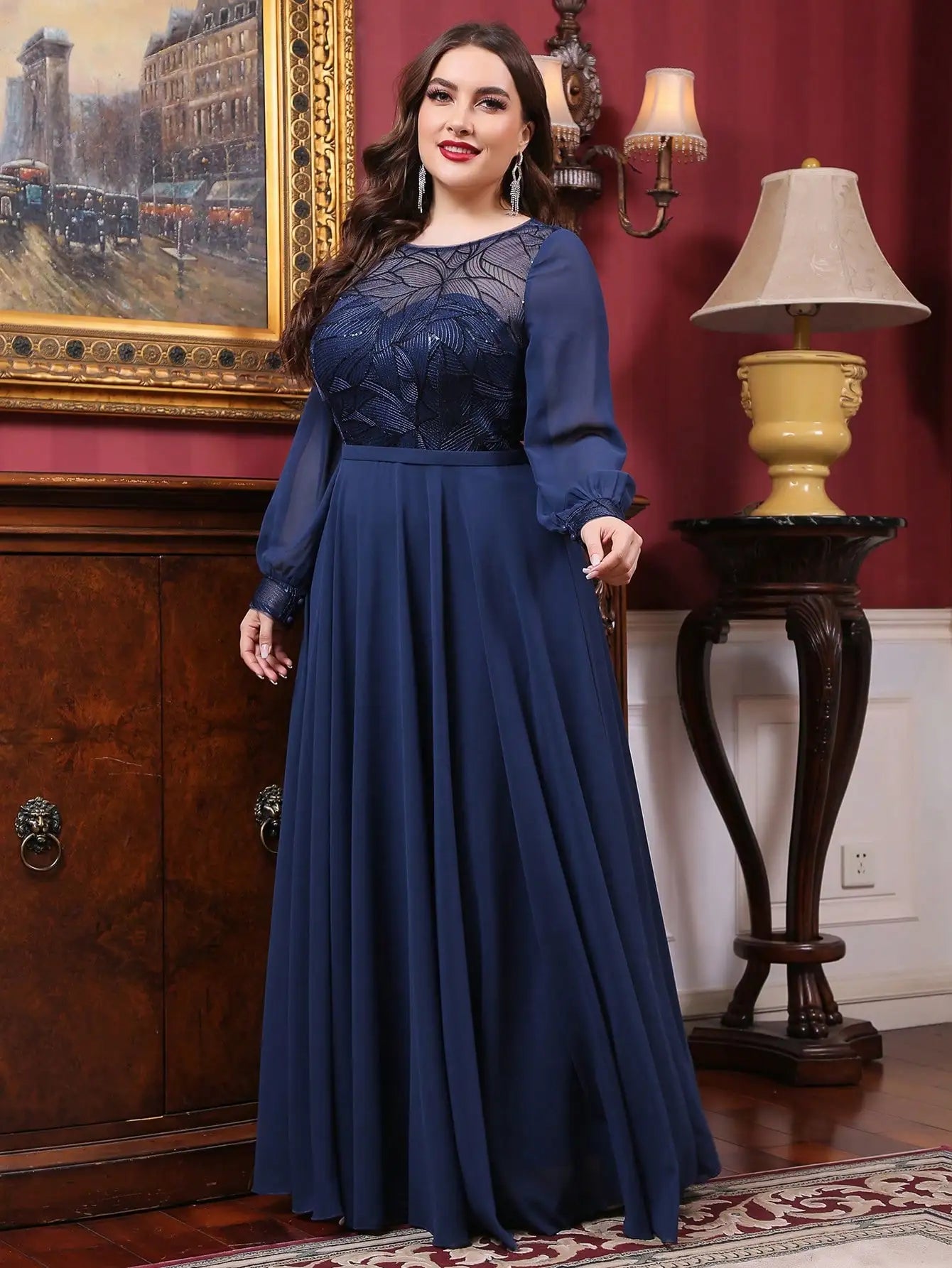 Mgiacy plus size  Round neck see-through sequin embroidery patchwork lantern long sleeve chiffon full skirt Evening gown