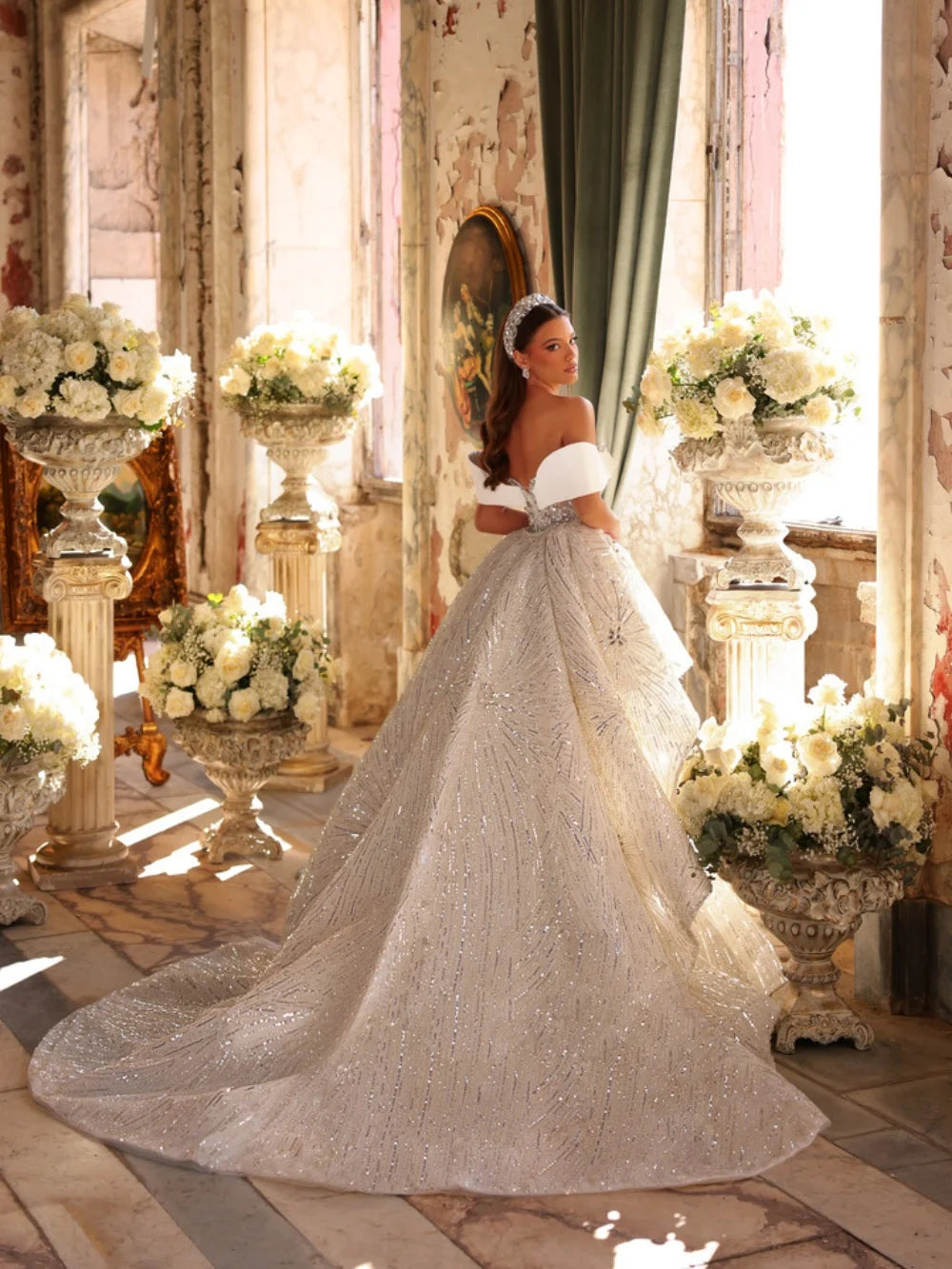 New Arrival Silver Crystal Wedding Dress Dreamy Floor-length Mermaid Bridal Gown Customized Off Shoulder Dresses For Bride