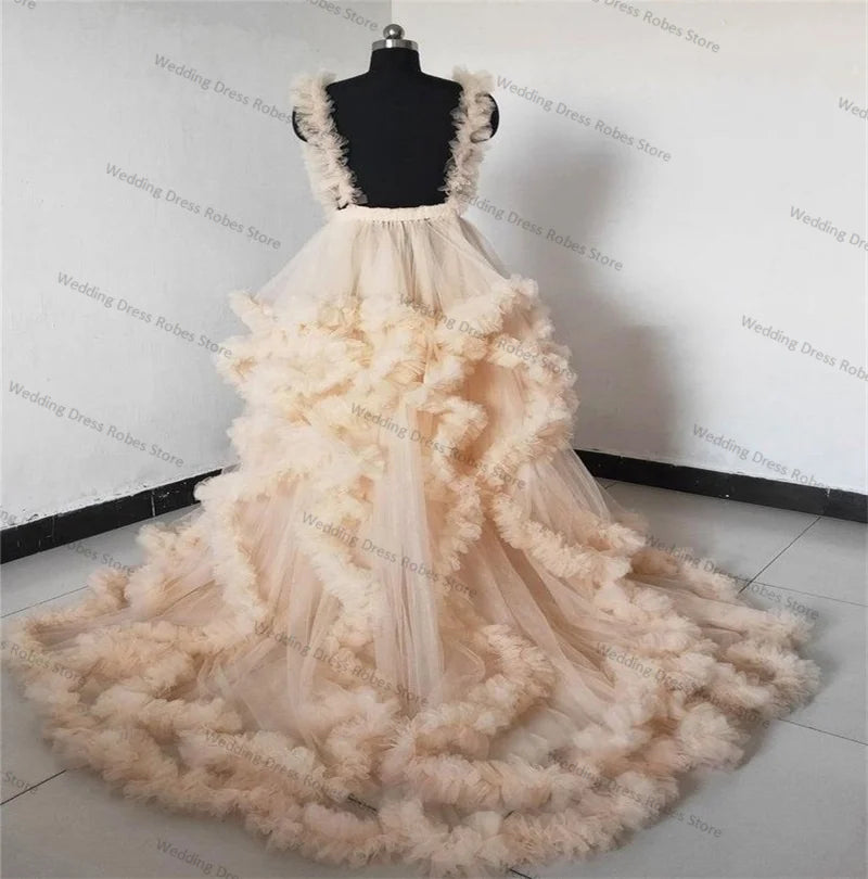 Luxury Wedding Maternity Dress Photography Full Sleeves Ruffles Tulle Bride Night Robe Wedding Party Prom Gowns Customized