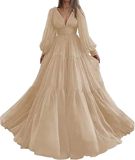 Bridalaffair Pleat Tulle Princess Prom Gown V-Neck Long Puff Sleeve Plus Size Evening Gown Elegant Dress Women for Wedding Party