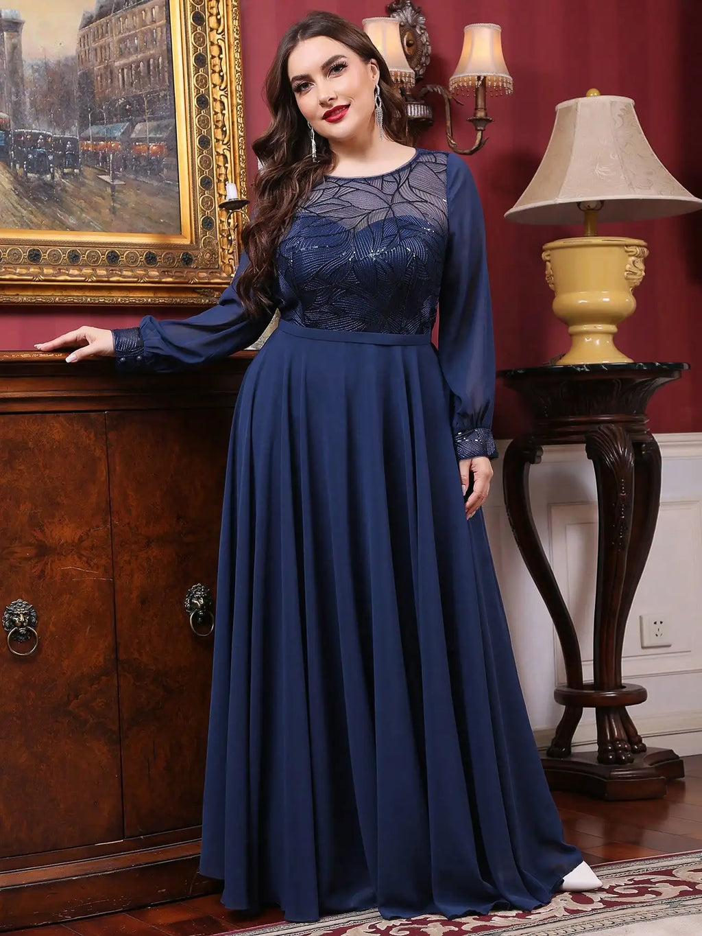 Mgiacy plus size  Round neck see-through sequin embroidery patchwork lantern long sleeve chiffon full skirt Evening gown