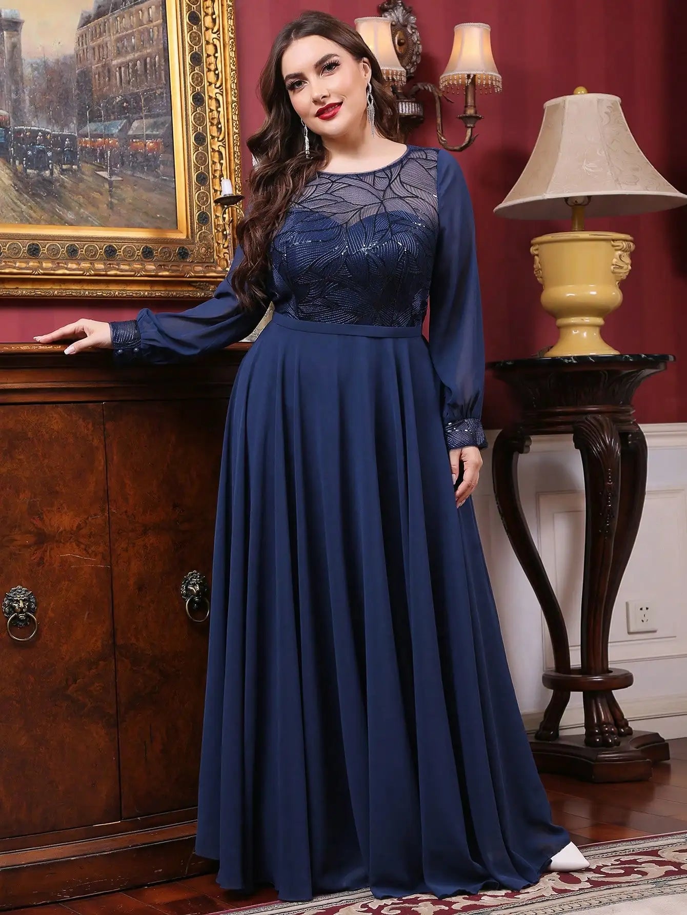 Mgiacy plus size  Round neck see-through sequin embroidery patchwork lantern long sleeve chiffon full skirt Evening gown