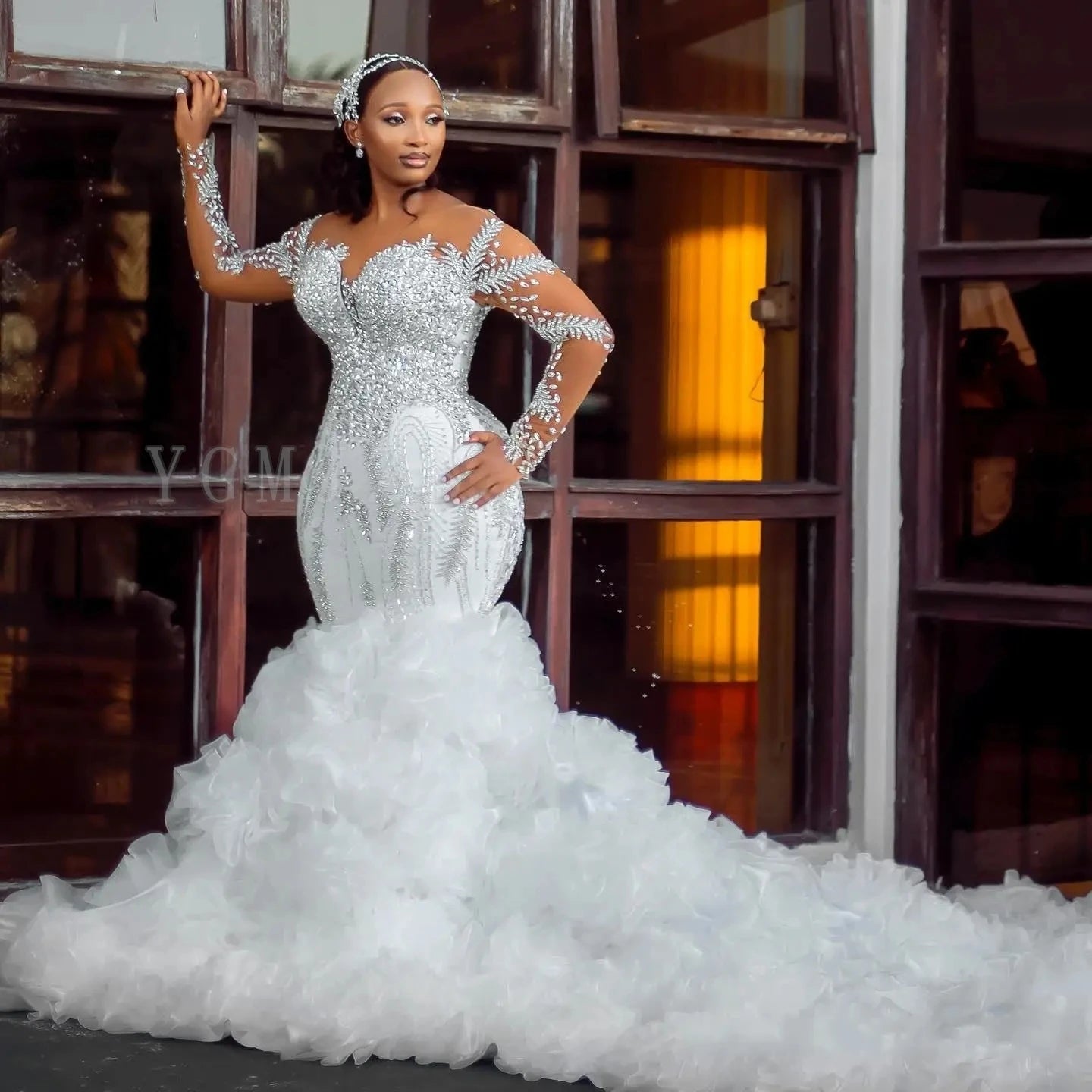 African Wedding Dresses Plus Size Luxury Mermaid Crystal Beaded Illusion Sleeve Ruffle Train High Quality Bridal Gown Customized
