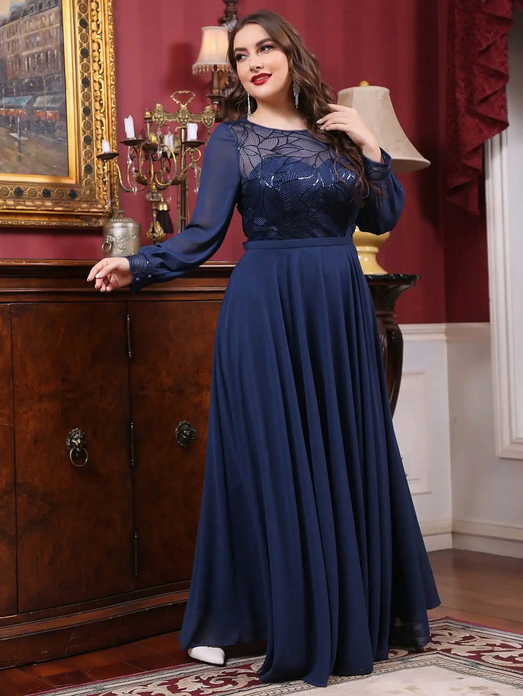 Mgiacy plus size  Round neck see-through sequin embroidery patchwork lantern long sleeve chiffon full skirt Evening gown