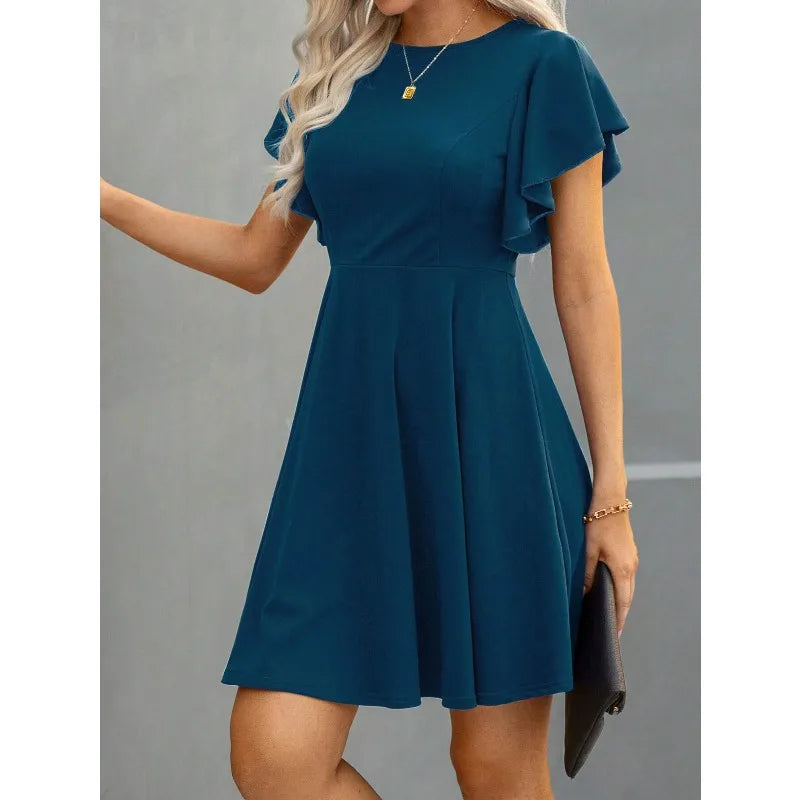 Plus Size Elegant Cocktail Women's Party Dresses Spring Summer Floral Ruffle Sleeve Crew Neck High Waist Flowy A Line Mini Dress