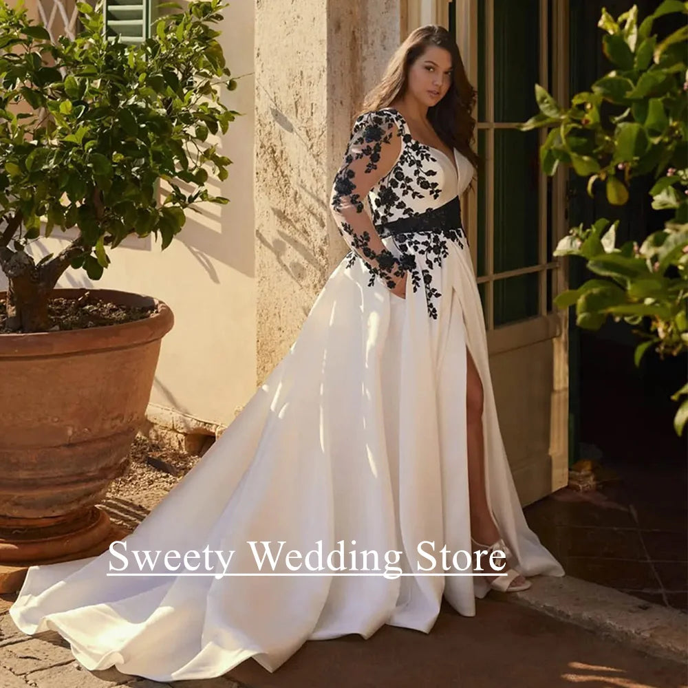 Gorgeous Plus Size Wedding Dress Black Applique Customized V Neck Long Sleeves Sweep Train Vestidos De Novia Bridal Gown
