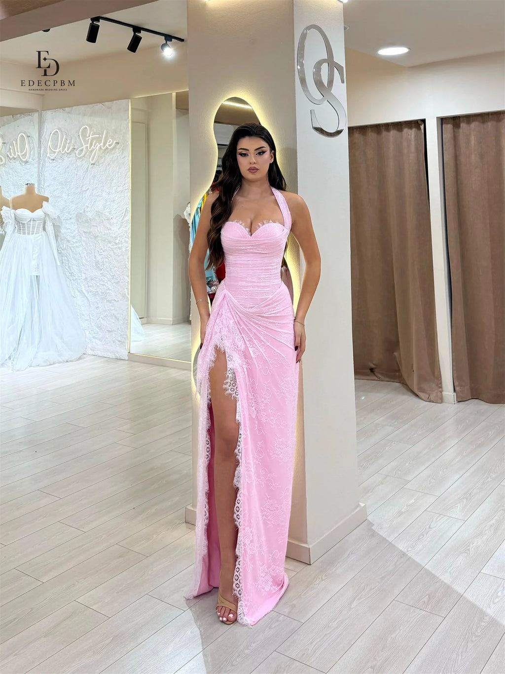 EDECPBM Pink Wedding Dresses for Parties Vestidos De Fiesta Lace Women Evening Dress فساتين سهرة Customized Mermaid Side Slit
