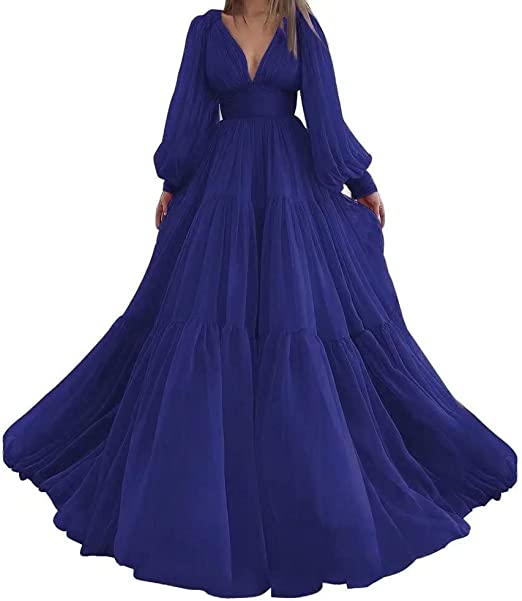Bridalaffair Pleat Tulle Princess Prom Gown V-Neck Long Puff Sleeve Plus Size Evening Gown Elegant Dress Women for Wedding Party