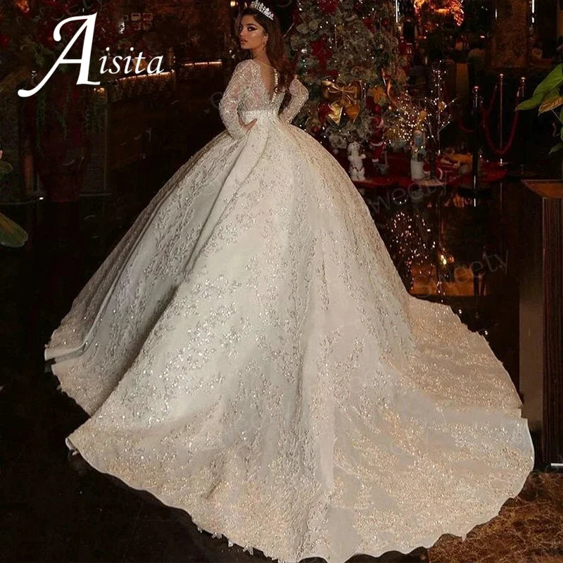 Grace Tulle Applique Wedding Dresses Long Sleeves Customized Ball Gown Wedding Dresses Beach Tulle Sweep Train Vestidos De Novia