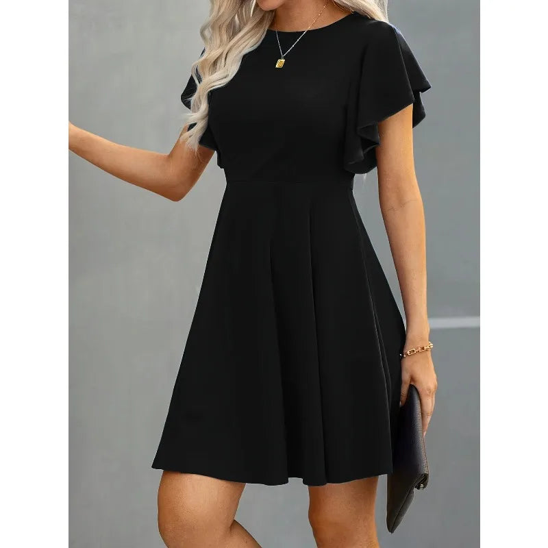 Plus Size Elegant Cocktail Women's Party Dresses Spring Summer Floral Ruffle Sleeve Crew Neck High Waist Flowy A Line Mini Dress