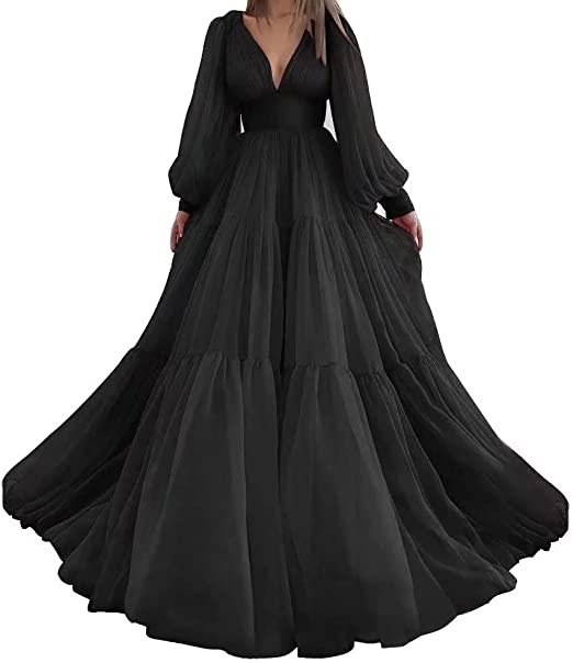 Bridalaffair Pleat Tulle Princess Prom Gown V-Neck Long Puff Sleeve Plus Size Evening Gown Elegant Dress Women for Wedding Party