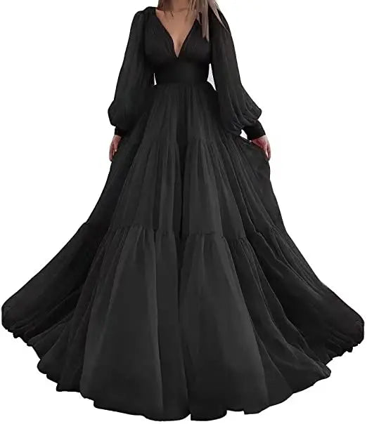 Bridalaffair Pleat Tulle Princess Prom Gown V-Neck Long Puff Sleeve Plus Size Evening Gown Elegant Dress Women for Wedding Party