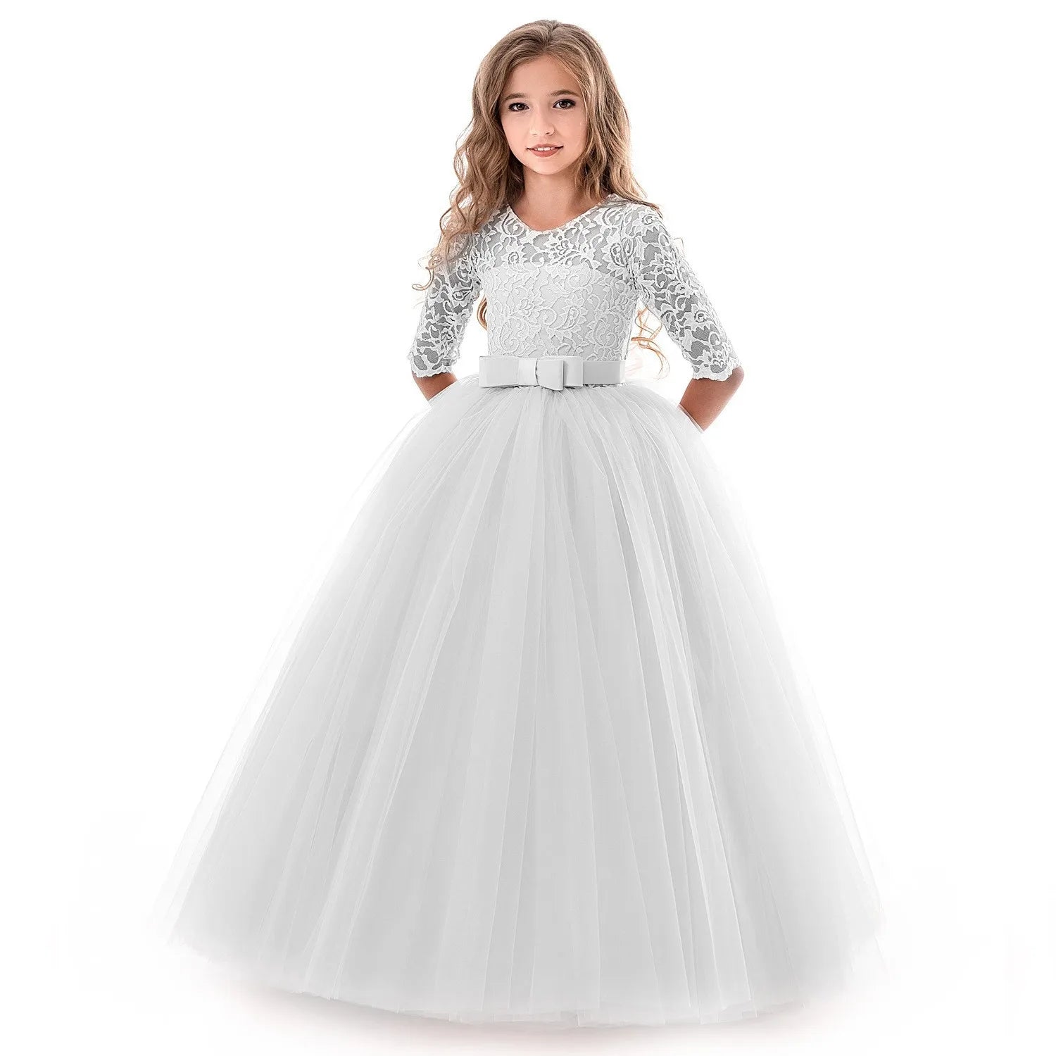 Teenager Girls White Bridesmaid Dresses Wedding Birthday Party Ball Gown Flower Girls First Communion Costume 3 to 14 Years