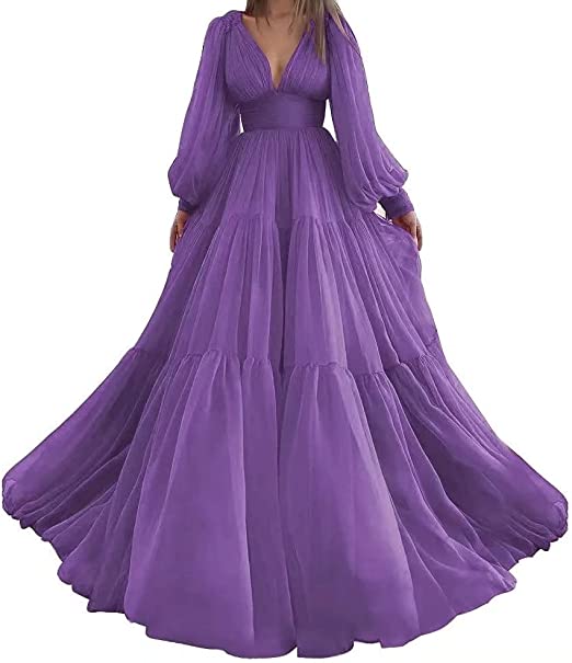 Bridalaffair Pleat Tulle Princess Prom Gown V-Neck Long Puff Sleeve Plus Size Evening Gown Elegant Dress Women for Wedding Party