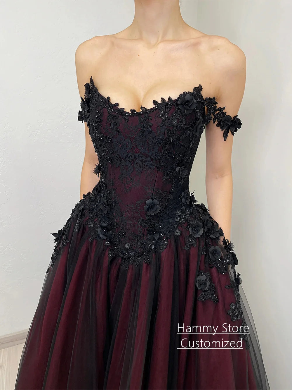 Gothic Wedding Dress Customized Off The Shoulder V Neck Flowers Applique Court Train Black Burgundy A Line Bridal Gown