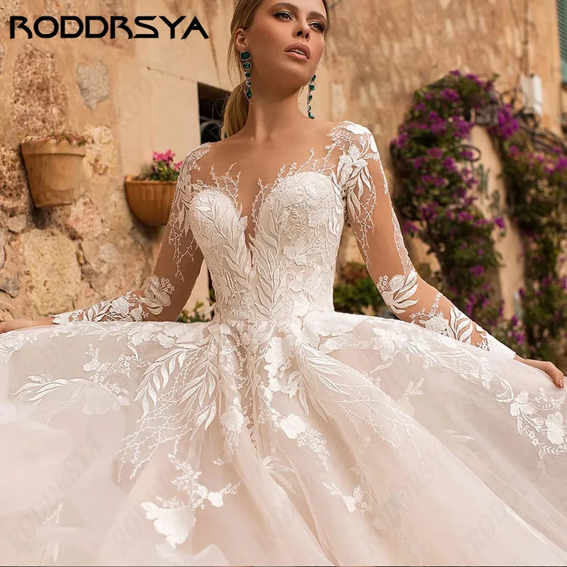 RODDRSYA Luxury A-line Wedding Dress For Bride Long Sleeve Appliques Princess Vestidos De Noiva Illusion Button Back Customized