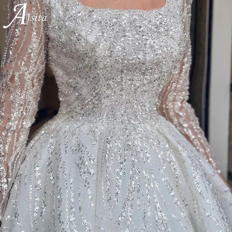 Wedding Dress With Embroidery Square Collar Sequins Princess Ball Gown Long Sleeve Backless Lace Up Customized Vestido De Novia