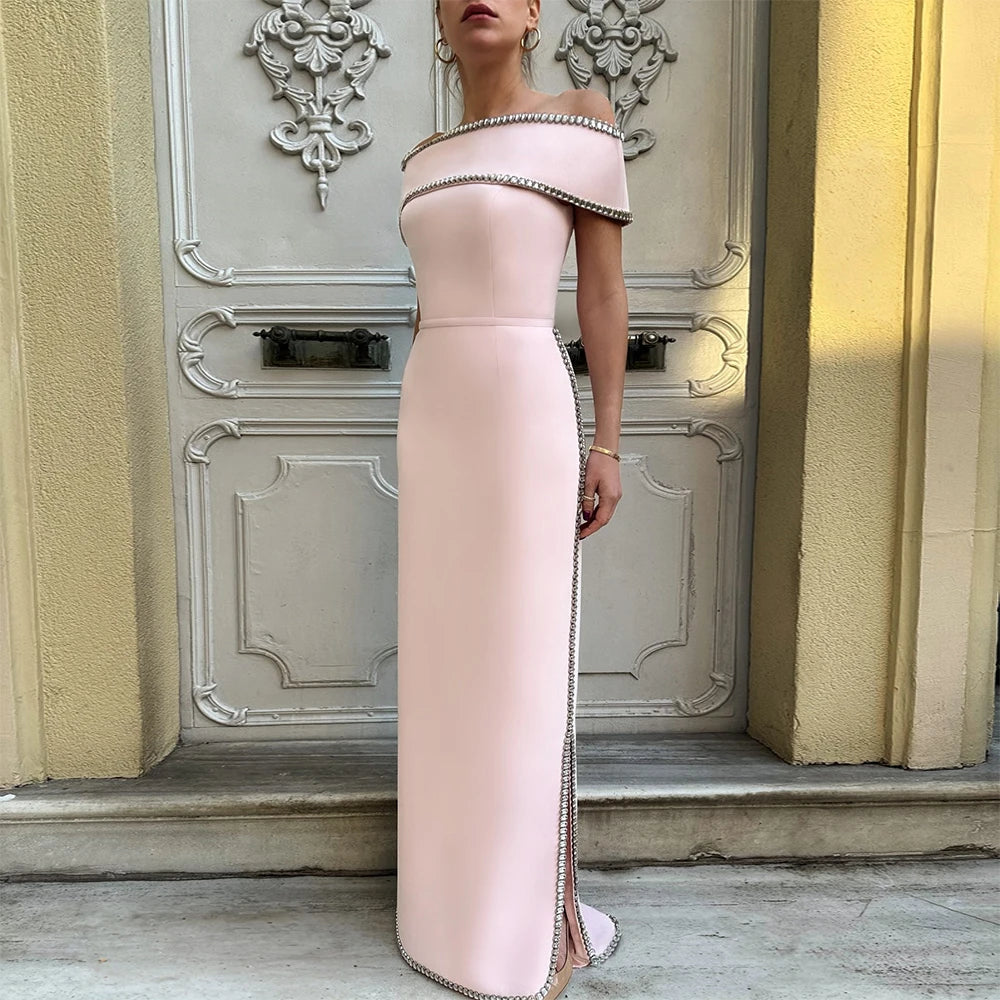 Customized Wedding Party Dresses for Women Off the Shoulder Column Formal Gowns Long Crystal Belt Side Slit Satin Prom Dress