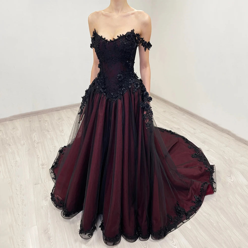 Gothic Wedding Dress Customized Off The Shoulder V Neck Flowers Applique Court Train Black Burgundy A Line Bridal Gown