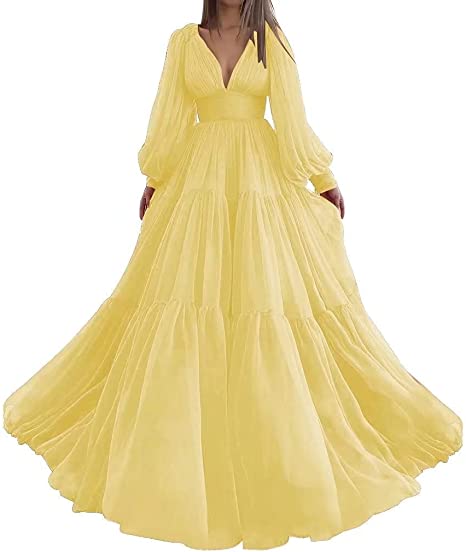 Bridalaffair Pleat Tulle Princess Prom Gown V-Neck Long Puff Sleeve Plus Size Evening Gown Elegant Dress Women for Wedding Party