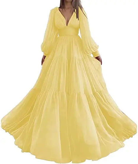Bridalaffair Pleat Tulle Princess Prom Gown V-Neck Long Puff Sleeve Plus Size Evening Gown Elegant Dress Women for Wedding Party