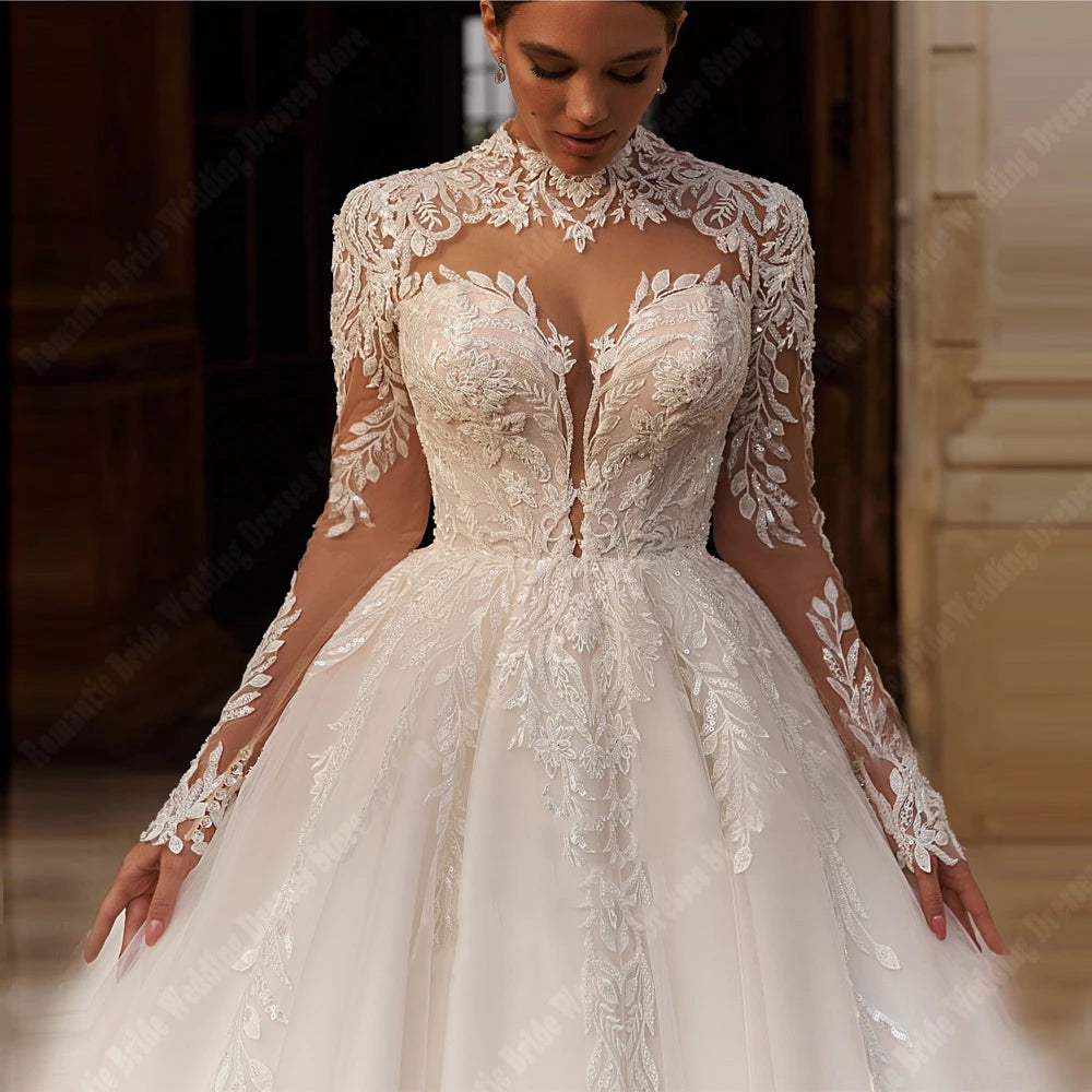 Elegant V-Neck Women Wedding Dresses Lace Long Sleeves Tulle Princess A-Line Bridal Gowns Engagement Banquet Vestidos De Novias