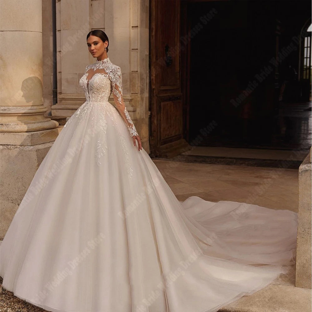 Elegant V-Neck Women Wedding Dresses Lace Long Sleeves Tulle Princess A-Line Bridal Gowns Engagement Banquet Vestidos De Novias