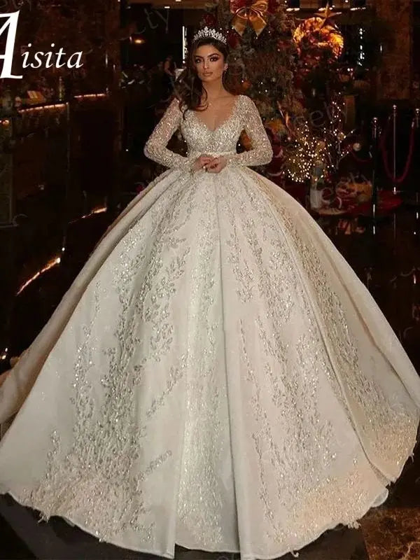 Grace Tulle Applique Wedding Dresses Long Sleeves Customized Ball Gown Wedding Dresses Beach Tulle Sweep Train Vestidos De Novia