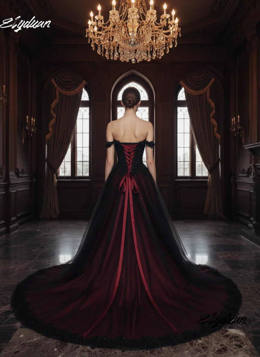 Black And Burgundy Gothic Wedding Dress Spaghetti Off-Shoulder Long A-Line Vintage Bridal Gowns Floral Lace Appliques Customized