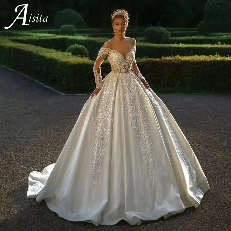 Sweetheart Long Sleeve Princess customized Wedding Dress Ball Gown Bride Dress vestidos de novia Off The Shoulder Bridal Gowns