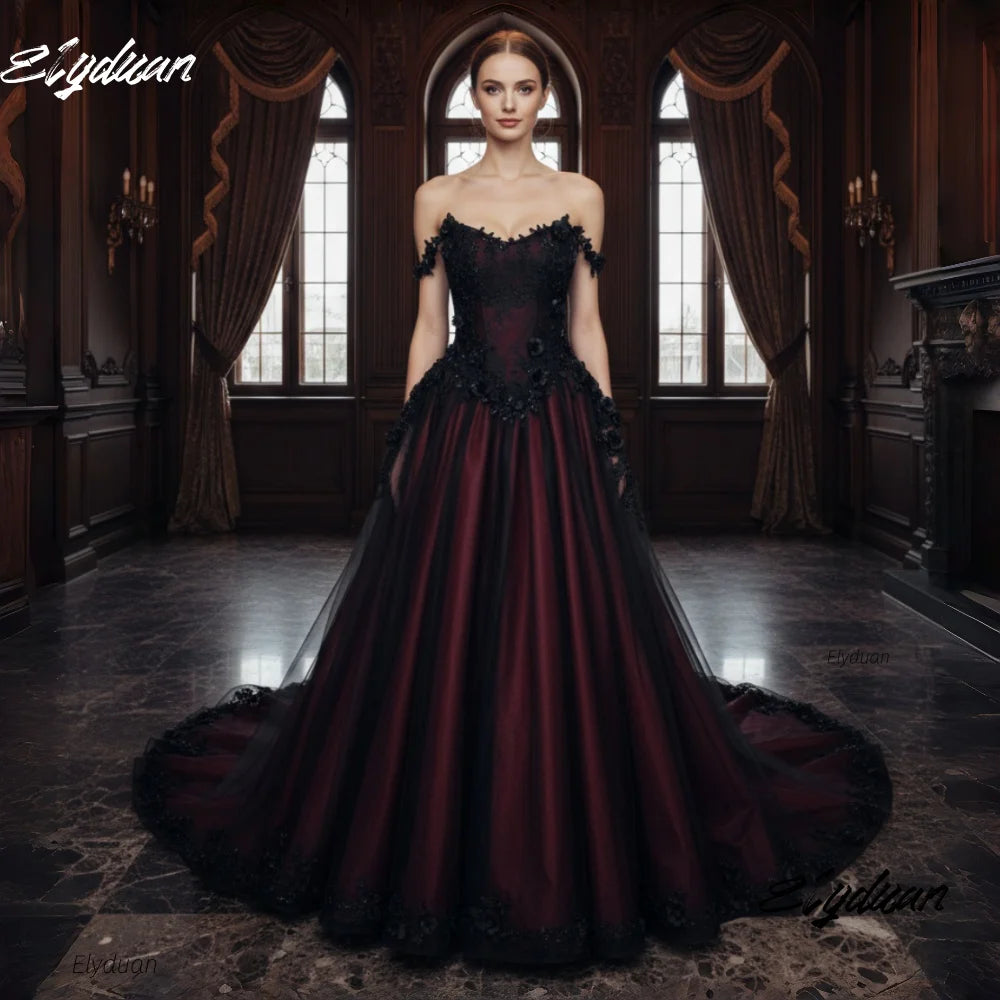 Black And Burgundy Gothic Wedding Dress Spaghetti Off-Shoulder Long A-Line Vintage Bridal Gowns Floral Lace Appliques Customized