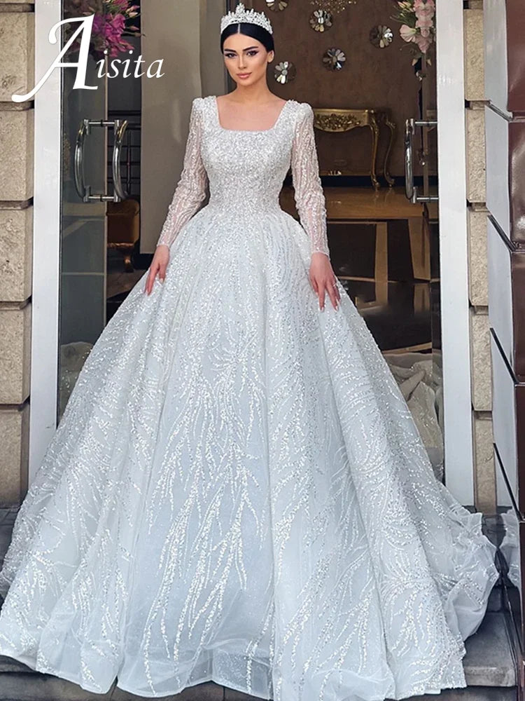 Wedding Dress With Embroidery Square Collar Sequins Princess Ball Gown Long Sleeve Backless Lace Up Customized Vestido De Novia