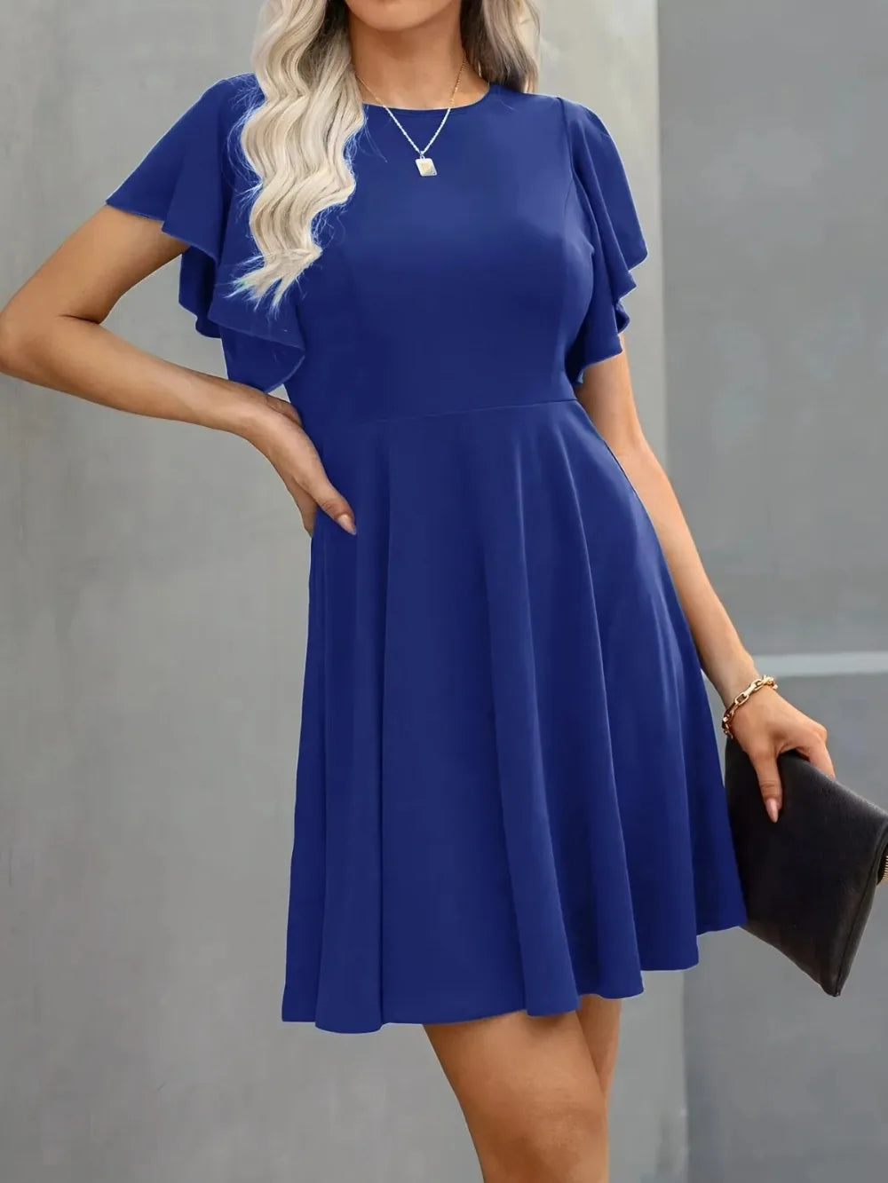 Plus Size Elegant Cocktail Women's Party Dresses Spring Summer Floral Ruffle Sleeve Crew Neck High Waist Flowy A Line Mini Dress