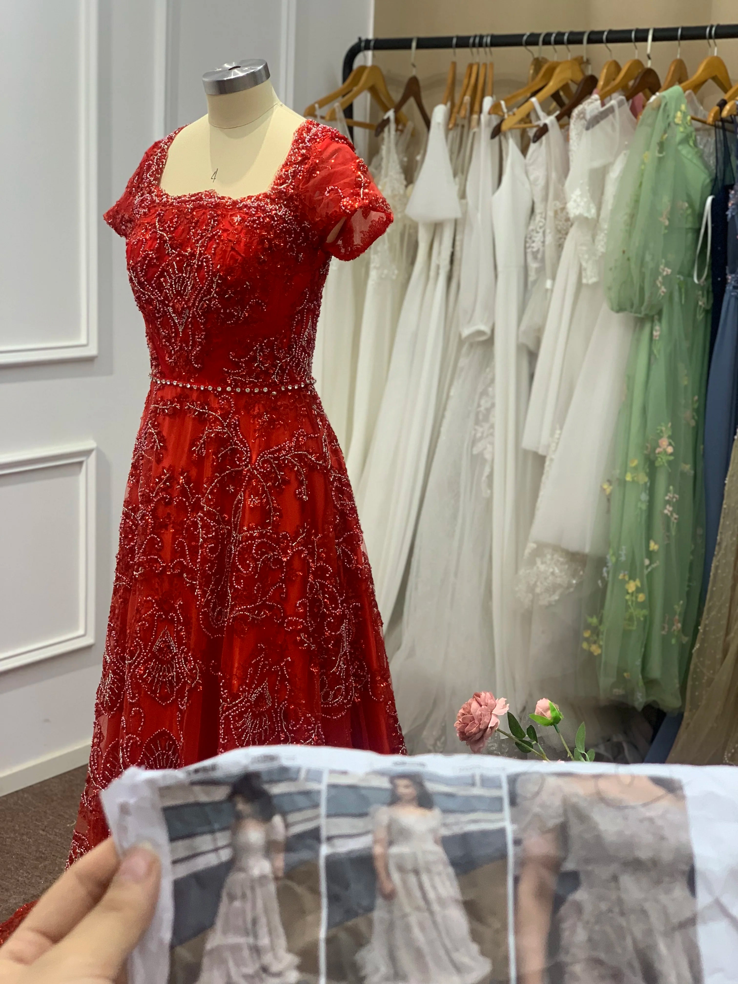 Plus Size Vows Customized Bridesmaid Full Beaded Sequins Stones Bodice Short Sleeve A-line Maxi Gown Wedding Engagement Dresses