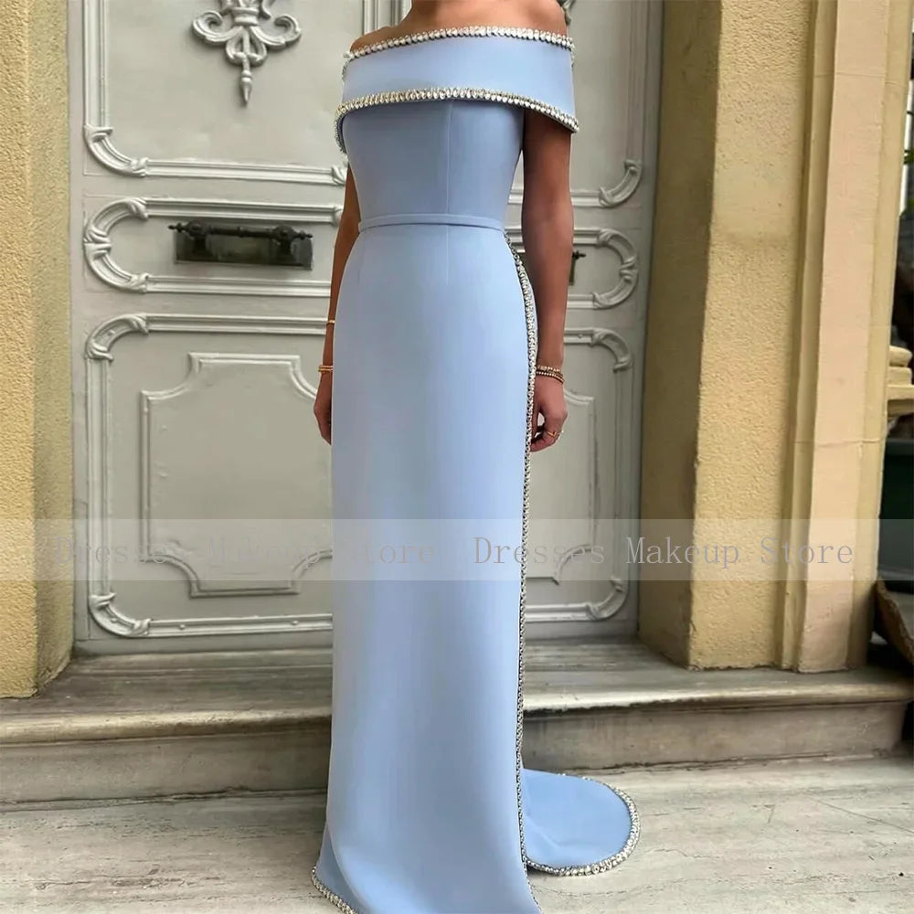 Customized Wedding Party Dresses for Women Off the Shoulder Column Formal Gowns Long Crystal Belt Side Slit Satin Prom Dress