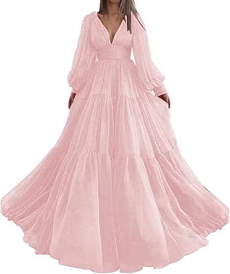 Bridalaffair Pleat Tulle Princess Prom Gown V-Neck Long Puff Sleeve Plus Size Evening Gown Elegant Dress Women for Wedding Party