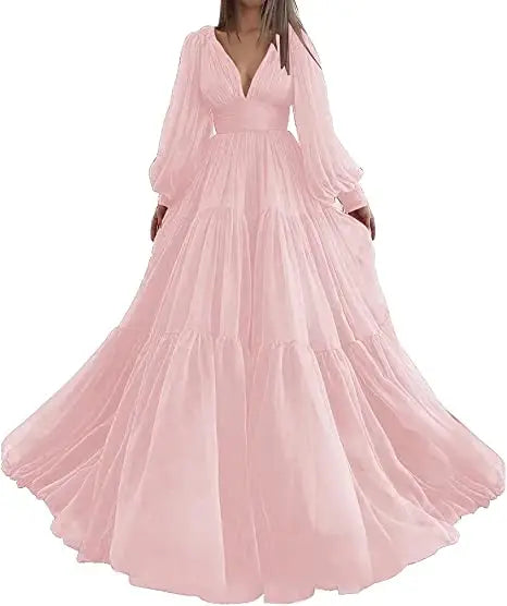 Bridalaffair Pleat Tulle Princess Prom Gown V-Neck Long Puff Sleeve Plus Size Evening Gown Elegant Dress Women for Wedding Party